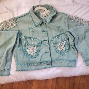 POL Green Jean Jacket with Lace Accents